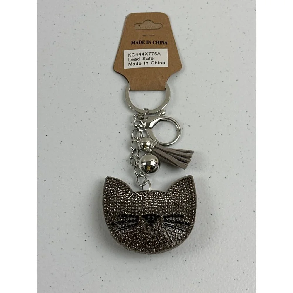 Cat Face Rhinestone Keychain With Tassel & Bell Lead Safe